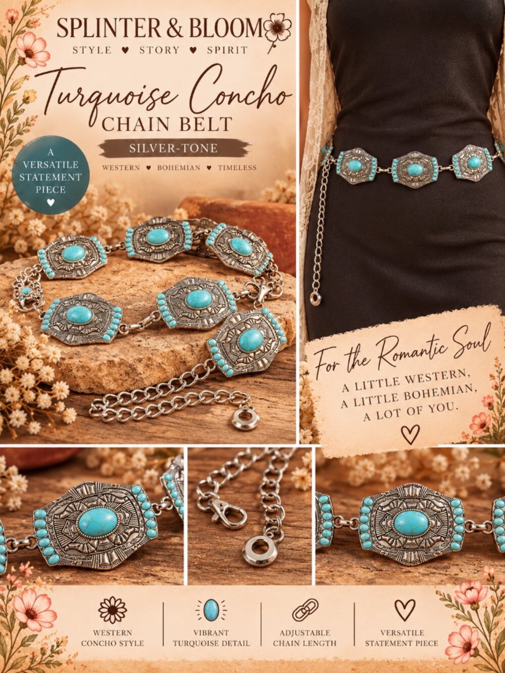 NWT Western Mini Turquoise Stud Rectangle Concho Chain Belt – Silver